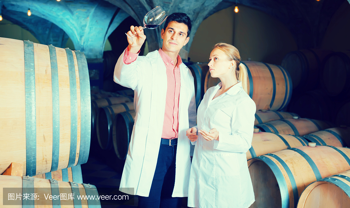 兩名酒莊工人集中檢查產(chǎn)品質(zhì)量